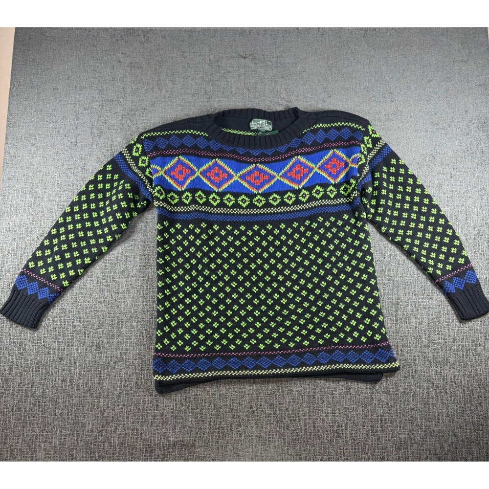 Lauren Ralph Lauren Active Women Black Neon Geometric Fair Isle Sweater Large NW